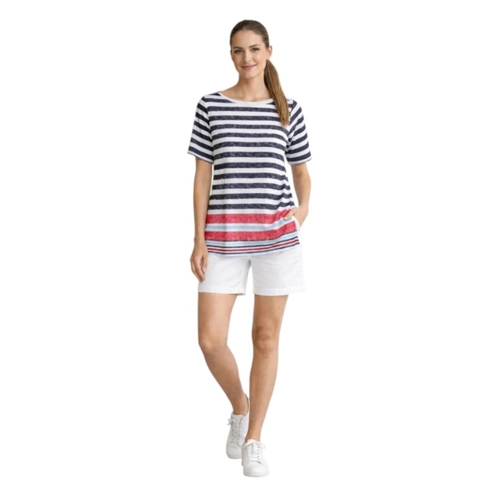 Karen Scott Striped Top with Red and Navy. Size M.